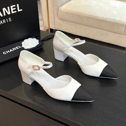 BLOCK HEEL SLINGBACKS IN WHITE MIX BLACK SILK FABRIC