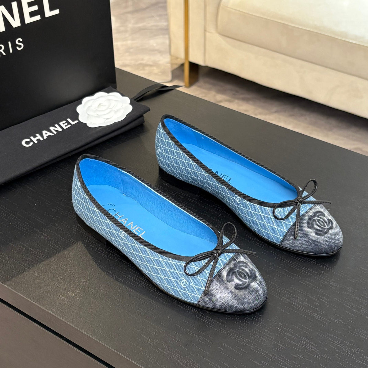 BALLET FLATS IN LIGHT BLUE MIX BLACK MONOGRAM DENIM