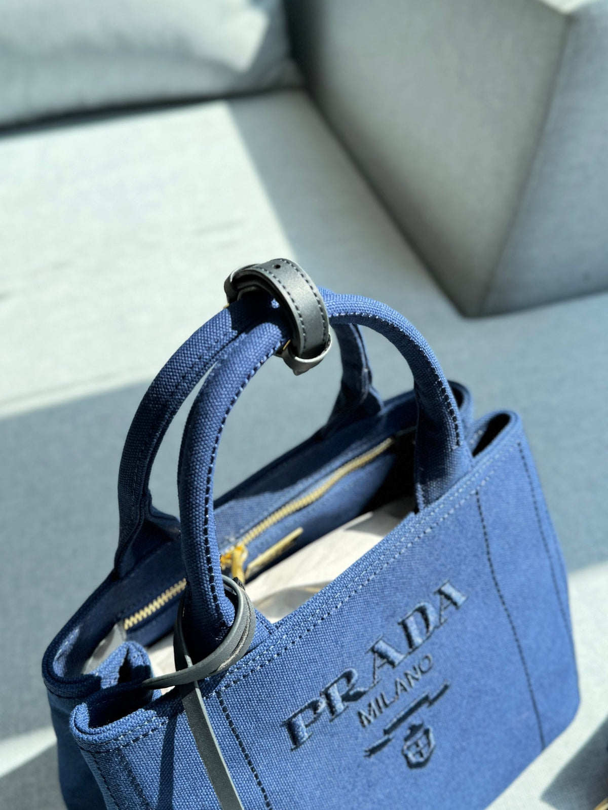 CANAPA TOTE BAG 26 IN WEDGEWOOD BLUE LINEN BLEND EMBROIDED LOGO