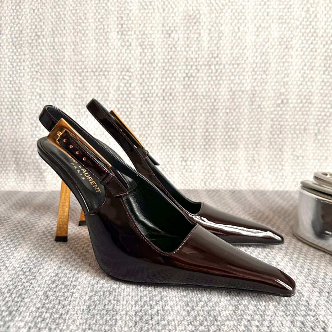 LEE SLINGBACK PUMPS 105 IN MAROON PATENT LEATHER GOLD HEEL