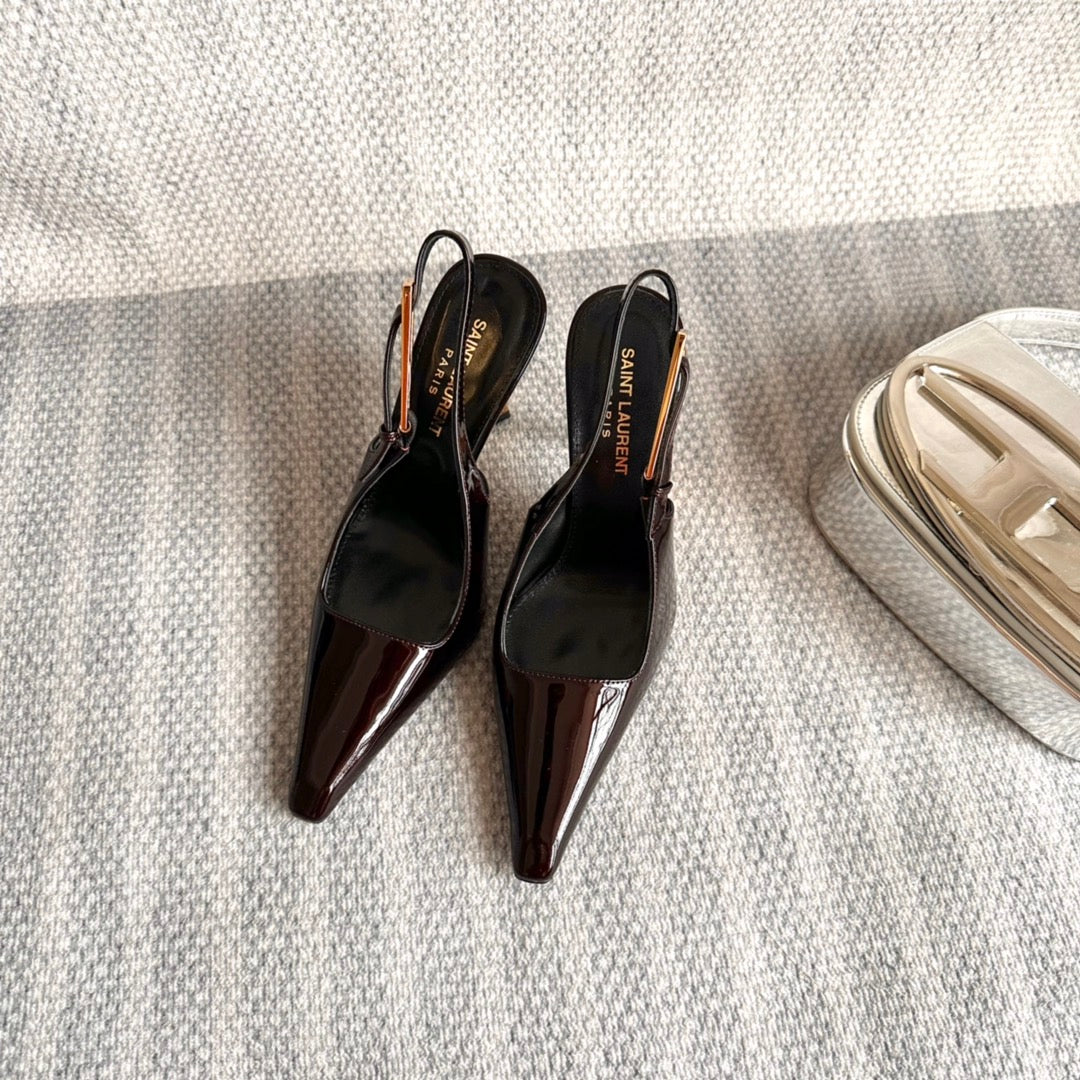 LEE SLINGBACK PUMPS 105 IN MAROON PATENT LEATHER GOLD HEEL