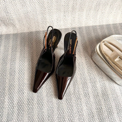 LEE SLINGBACK PUMPS 105 IN MAROON PATENT LEATHER GOLD HEEL