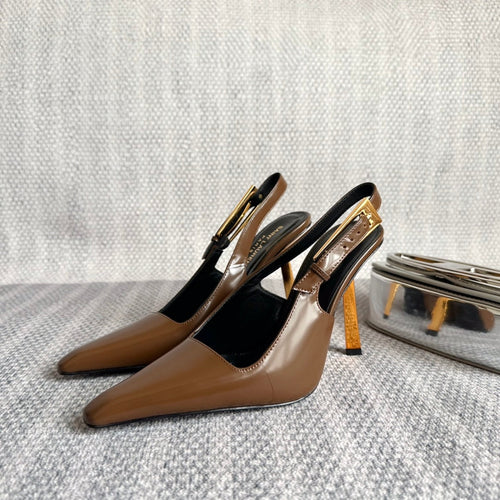 LEE SLINGBACK PUMPS 105 IN BROWN PATENT LEATHER GOLD HEEL