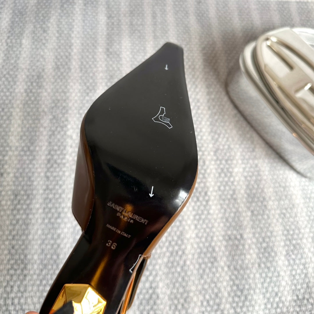 LEE SLINGBACK PUMPS 105 IN BROWN PATENT LEATHER GOLD HEEL