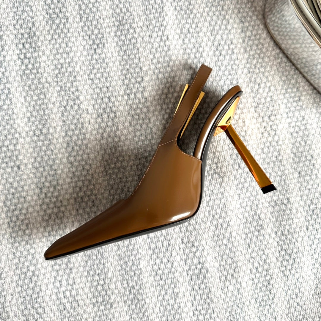 LEE SLINGBACK PUMPS 105 IN BROWN PATENT LEATHER GOLD HEEL