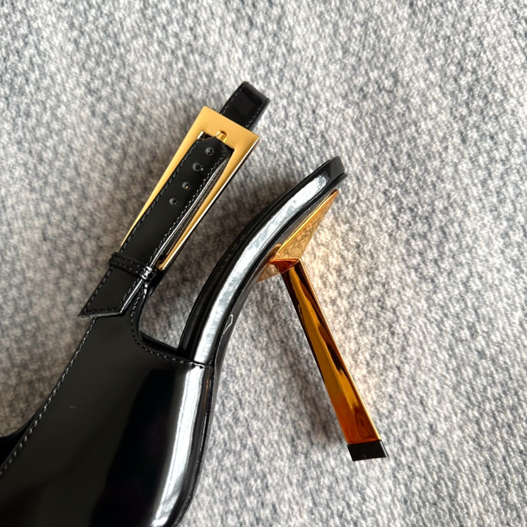 LEE SLINGBACK PUMPS 105 IN BLACK PATENT LEATHER GOLD HEEL
