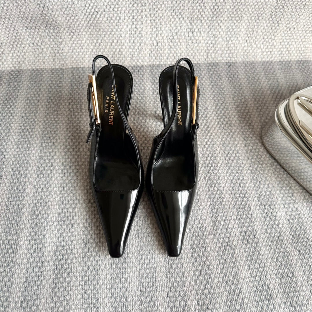 LEE SLINGBACK PUMPS 105 IN BLACK PATENT LEATHER GOLD HEEL