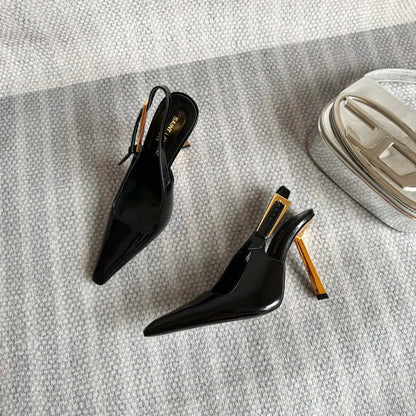 LEE SLINGBACK PUMPS 105 IN BLACK PATENT LEATHER GOLD HEEL