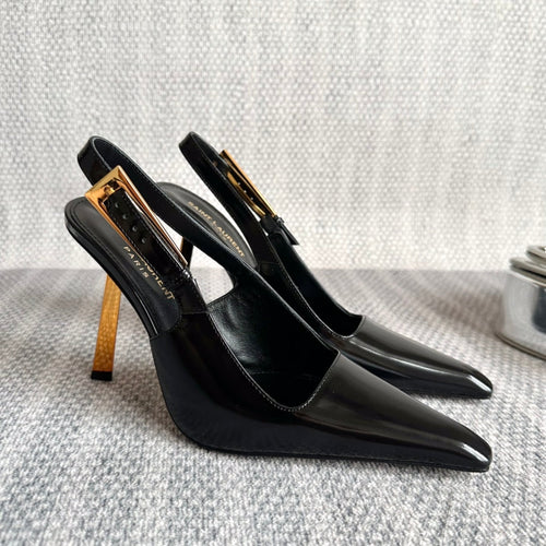 LEE SLINGBACK PUMPS 105 IN BLACK PATENT LEATHER GOLD HEEL