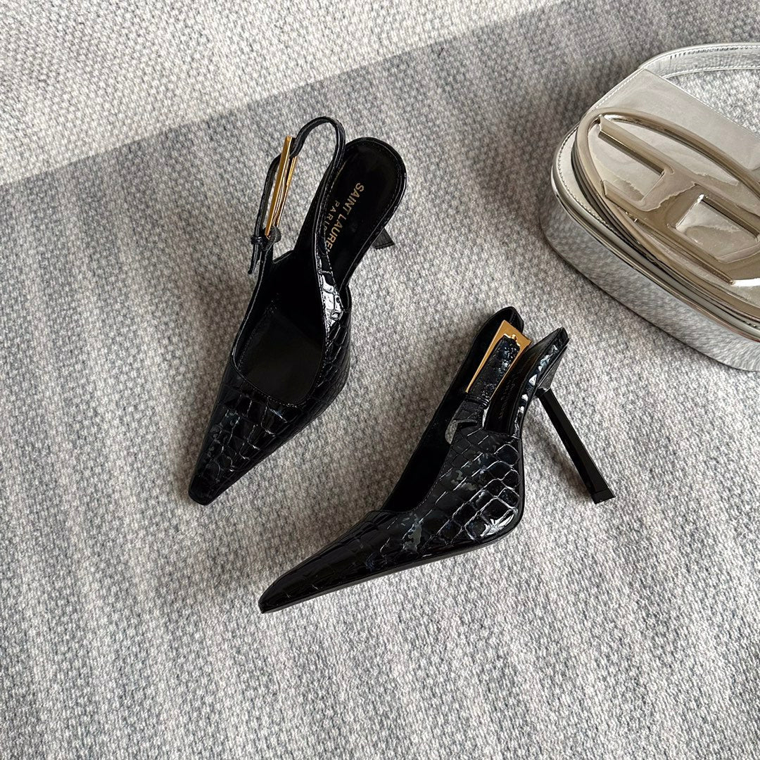 LEE SLINGBACK PUMPS 105 IN BLACK CROCODILE-EMBOSSED LEATHER