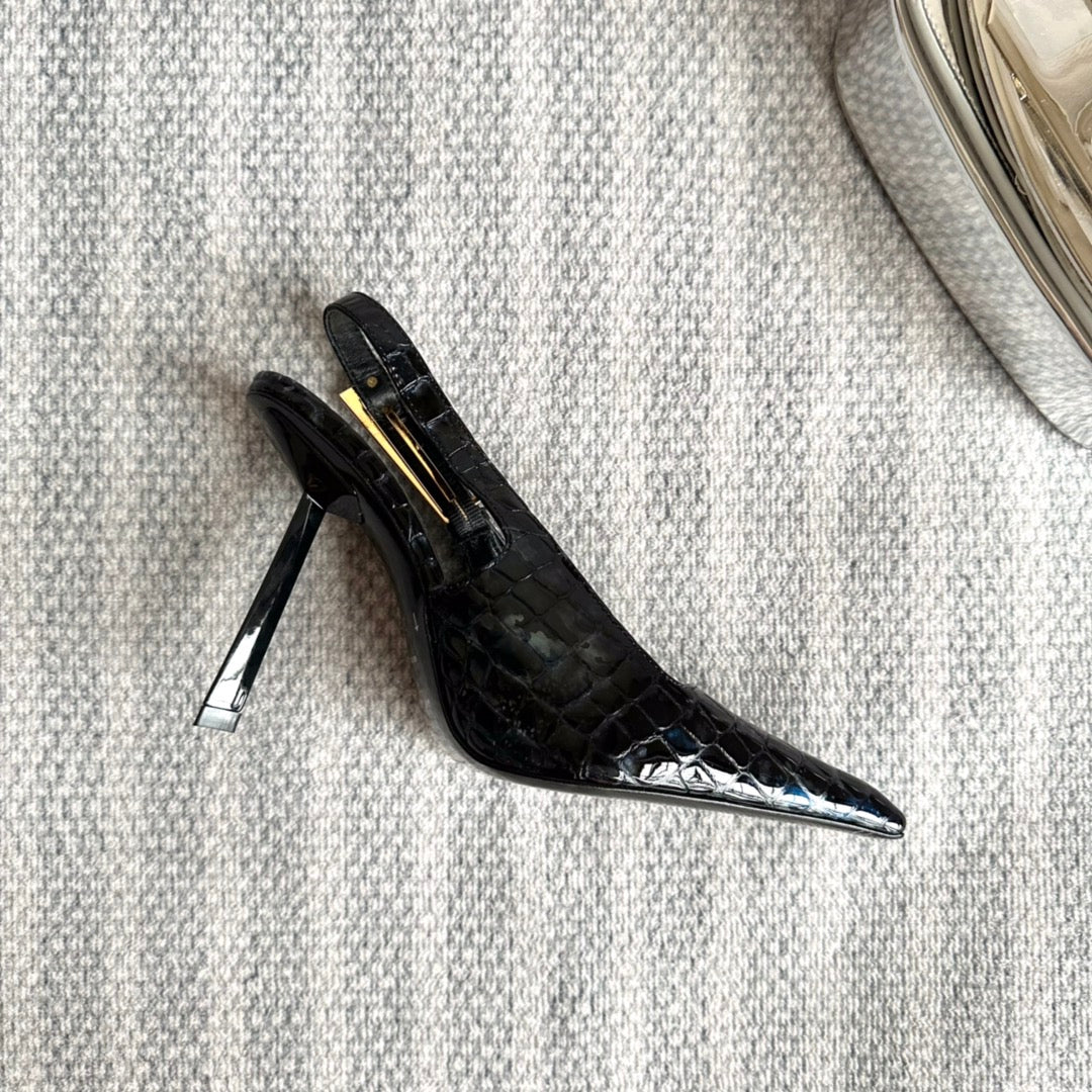 LEE SLINGBACK PUMPS 105 IN BLACK CROCODILE-EMBOSSED LEATHER