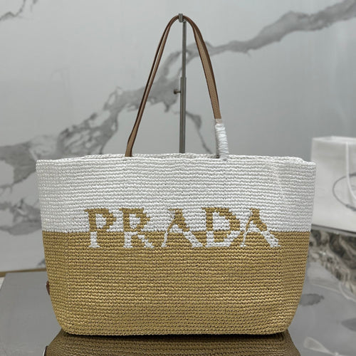 LARGE TOTE BAG 37 IN WHITE MIX BEIGE RAFFIA AND BROWN CALFSKIN HANDLE