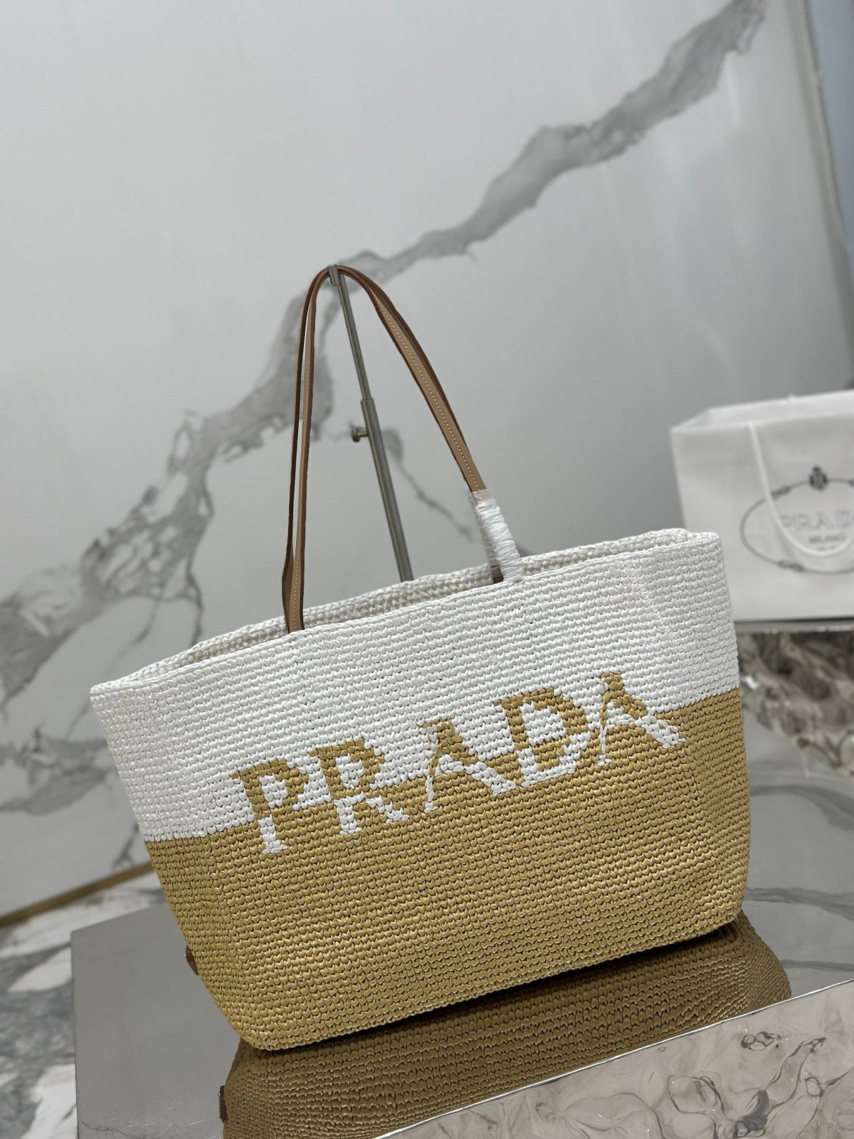 LARGE TOTE BAG 37 IN WHITE MIX BEIGE RAFFIA AND BROWN CALFSKIN HANDLE