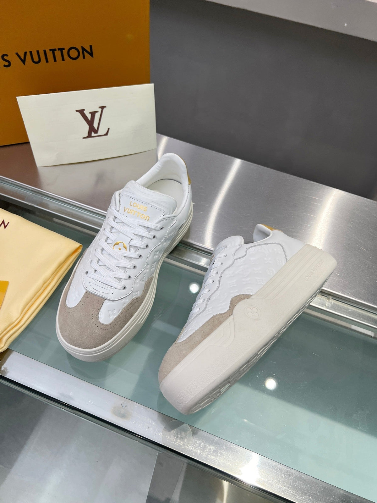 LV WOMEN GROOVY PLATFORM IN CAMEL BROWN SUEDE MIX WHITE EMBOSSED CALFSKIN