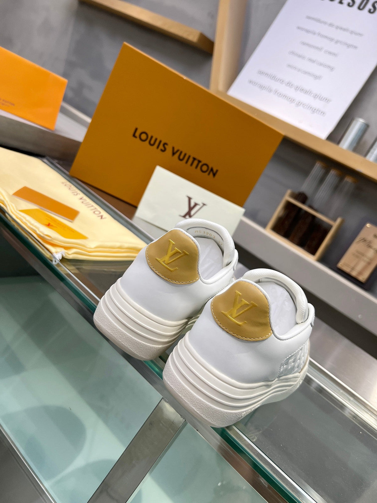 LV WOMEN GROOVY PLATFORM IN CAMEL BROWN SUEDE MIX WHITE EMBOSSED CALFSKIN