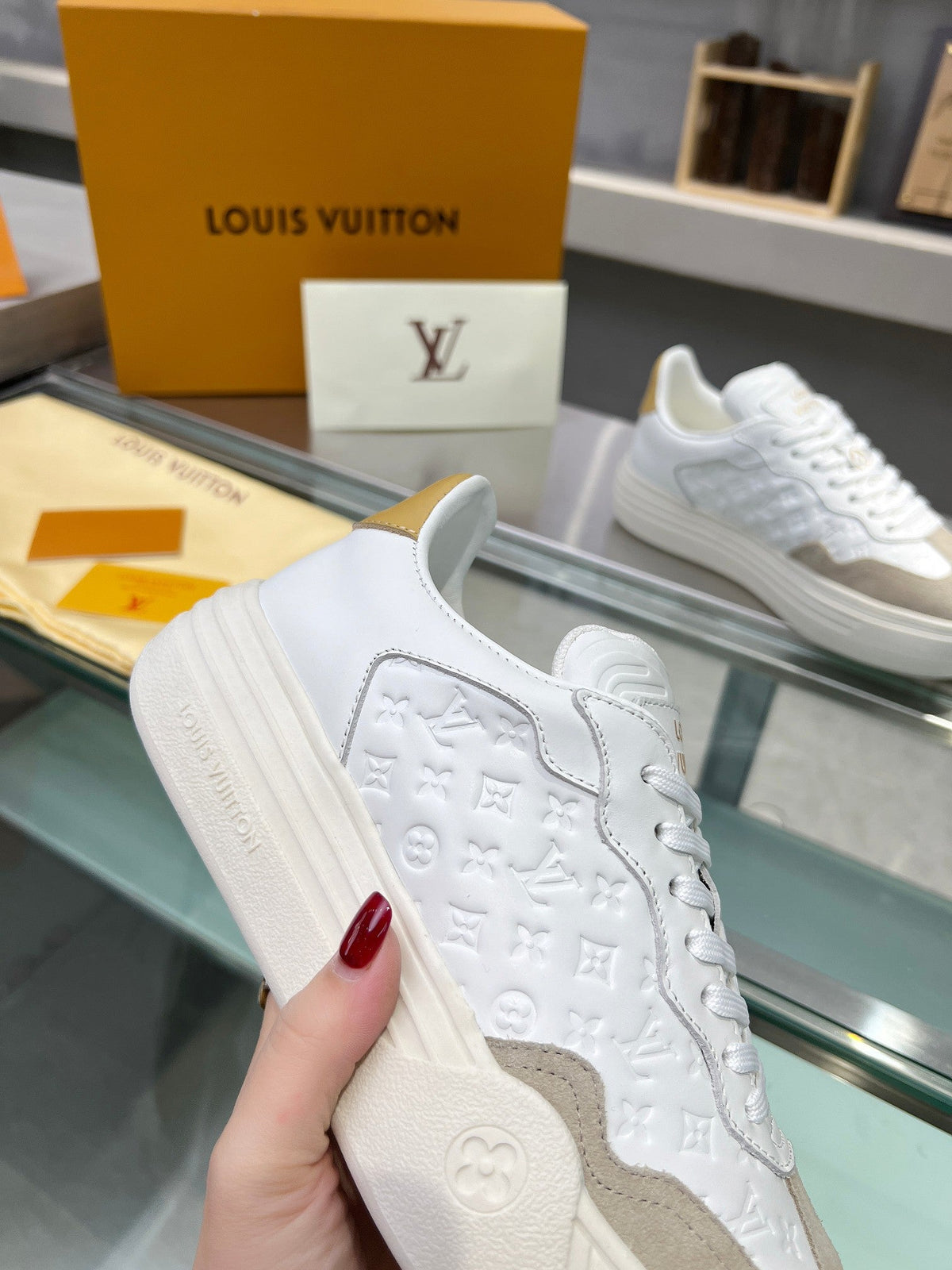 LV WOMEN GROOVY PLATFORM IN CAMEL BROWN SUEDE MIX WHITE EMBOSSED CALFSKIN