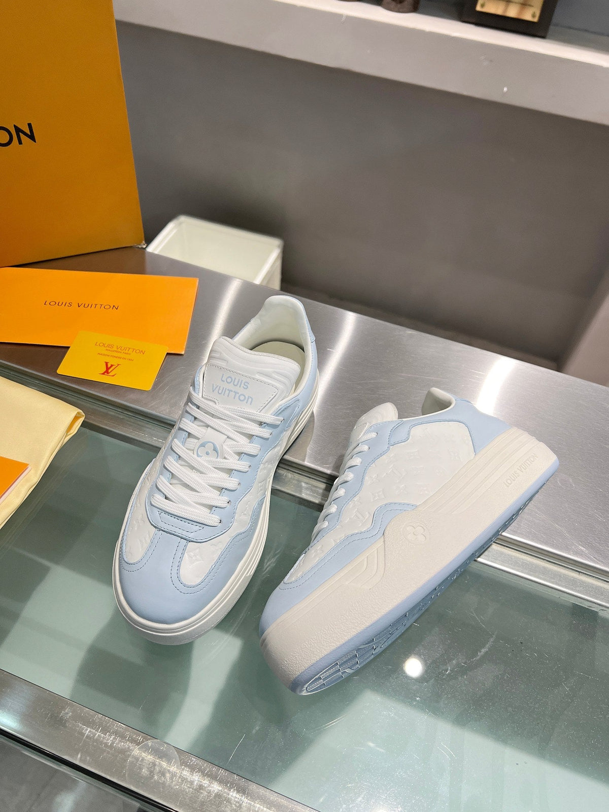 LV WOMEN GROOVY PLATFORM IN WHITE MIX LIGHT BLUE EMBOSSED CALFSKIN