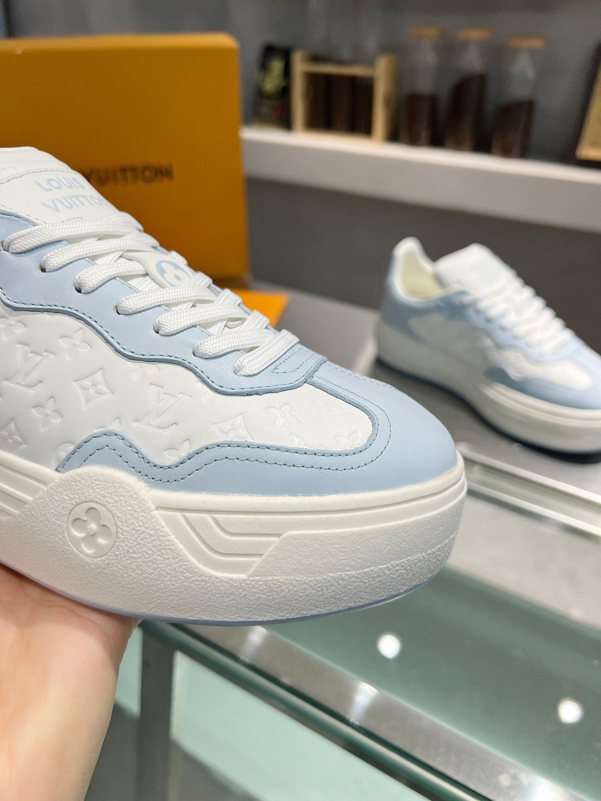 LV WOMEN GROOVY PLATFORM IN WHITE MIX LIGHT BLUE EMBOSSED CALFSKIN