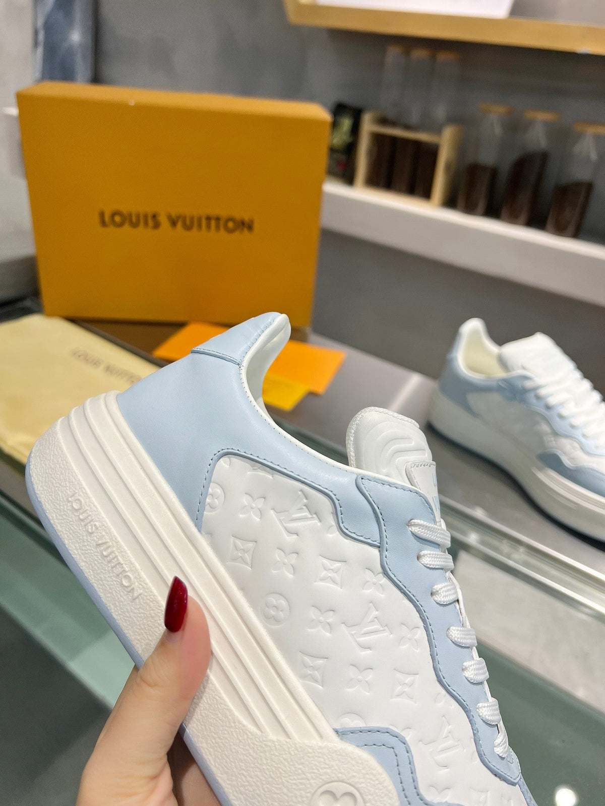 LV WOMEN GROOVY PLATFORM IN WHITE MIX LIGHT BLUE EMBOSSED CALFSKIN