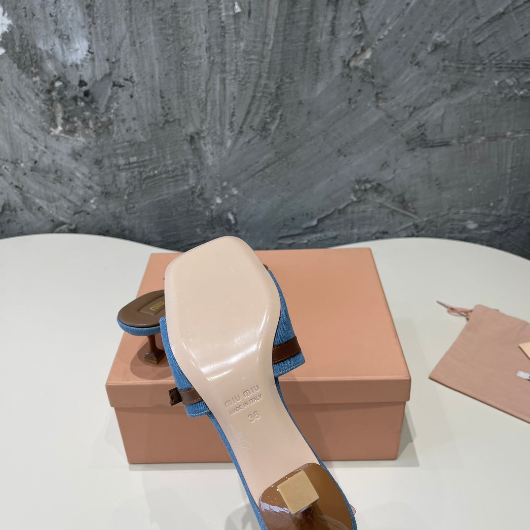 CARAMEL HIGH HEEL WITH BLUE STRAPS AND CARAMEL BELT