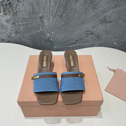 CARAMEL HIGH HEEL WITH BLUE STRAPS AND CARAMEL BELT