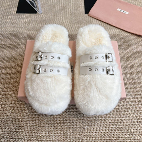 MULES IN WHITE RABBIT FUR SILVER HARDWARE
