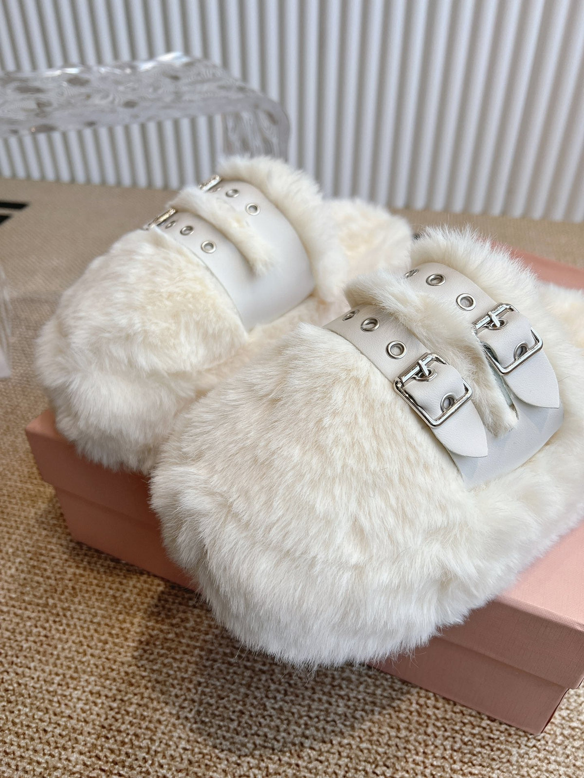 MULES IN WHITE RABBIT FUR SILVER HARDWARE