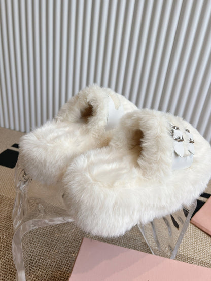 MULES IN WHITE RABBIT FUR SILVER HARDWARE