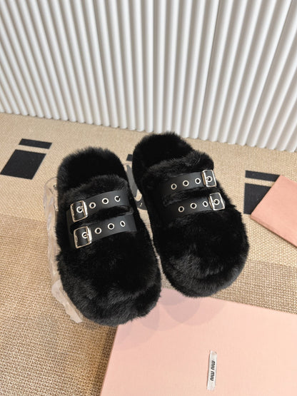 MULES IN BLACK RABBIT FUR SILVER HARDWARE