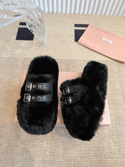 MULES IN BLACK RABBIT FUR SILVER HARDWARE