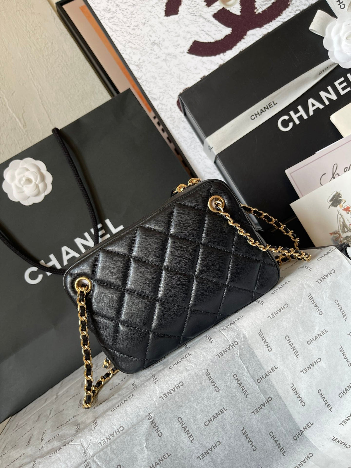 CAMERA BAG 18 IN BLACK QUILTED LAMBSKIN DOUBLE C GOLD COIN