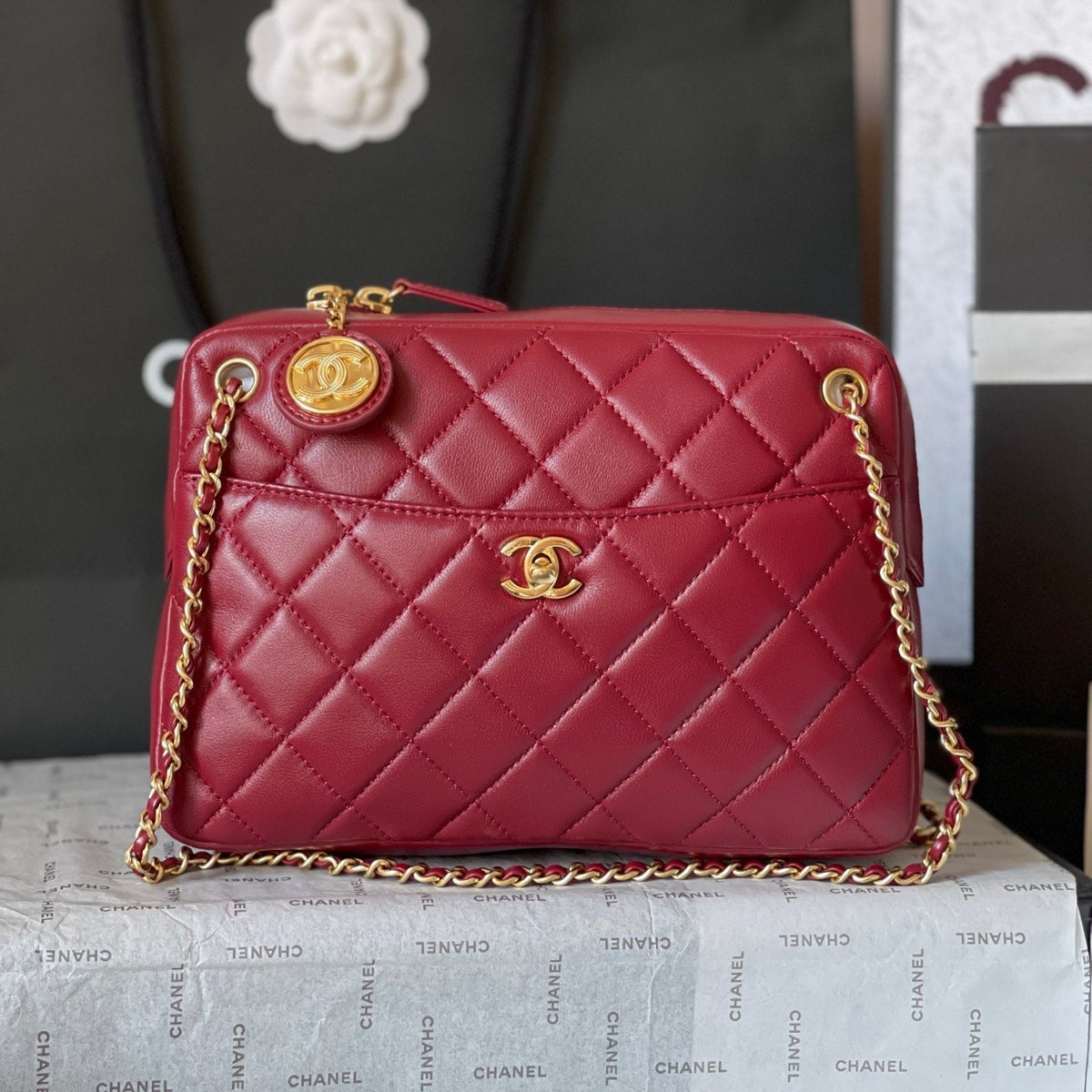 CAMERA BAG 24 IN RED QUILTED LAMBSKIN DOUBLE C GOLD COIN