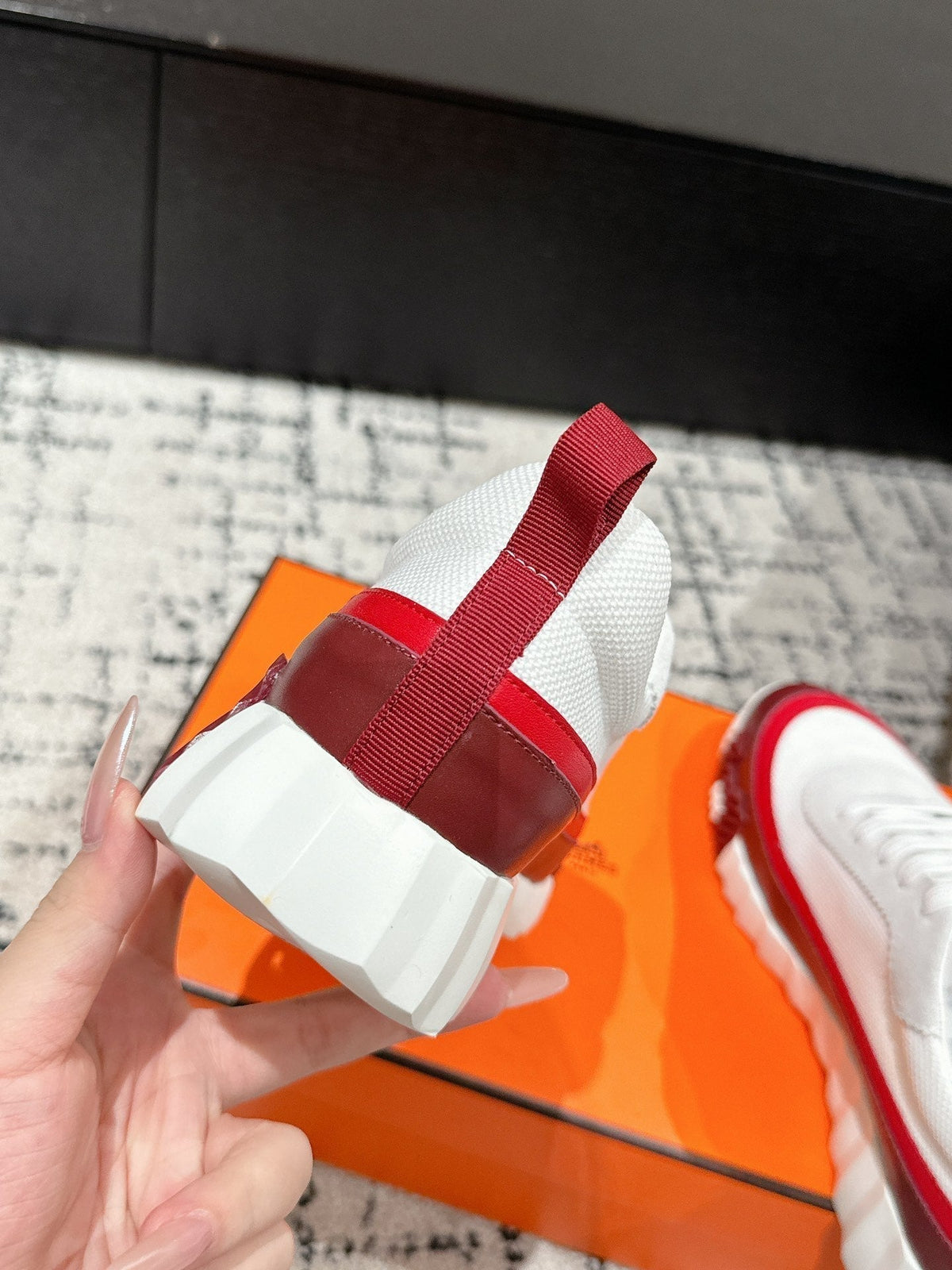 BOUNCING SNEAKER IN WINE RED CALFSKIN AND WHITE FABRIC