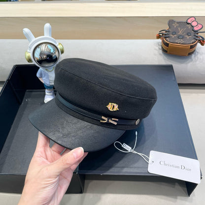 BAKER BOY HAT IN BLACK COTTON AND LEATHER 428246