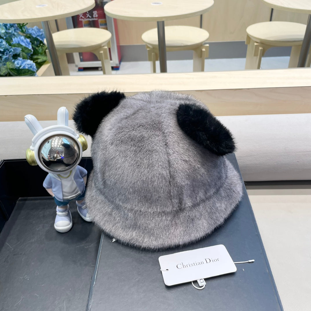 BUCKET HAT WITH CUTE BEAR EARS IN SILVER GRAY RABBIT FUR 434966