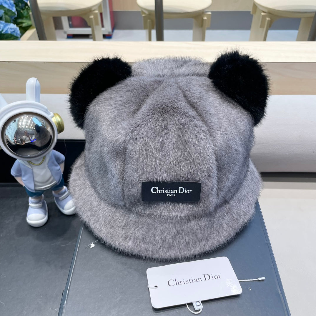BUCKET HAT WITH CUTE BEAR EARS IN SILVER GRAY RABBIT FUR 434966