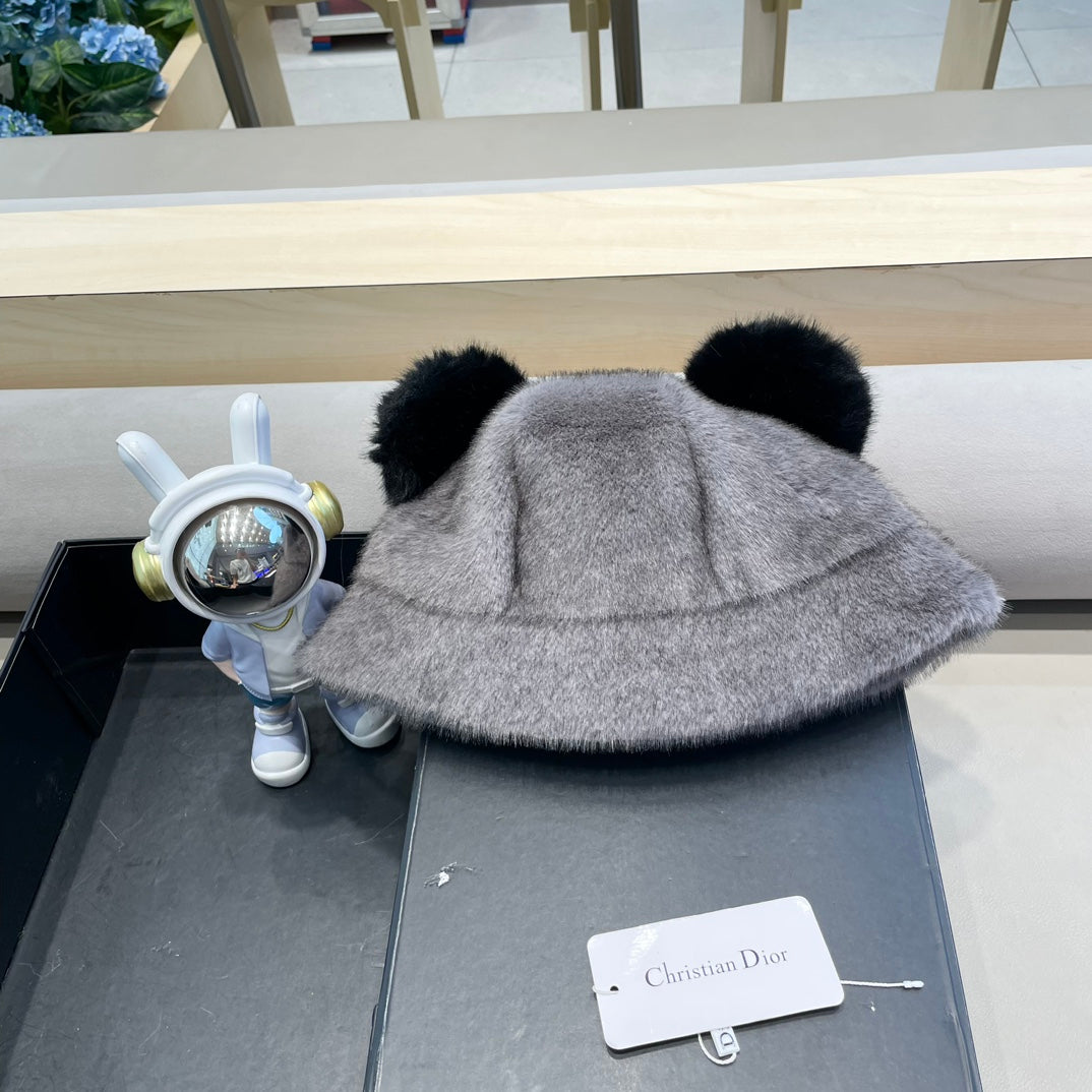 BUCKET HAT WITH CUTE BEAR EARS IN SILVER GRAY RABBIT FUR 434966