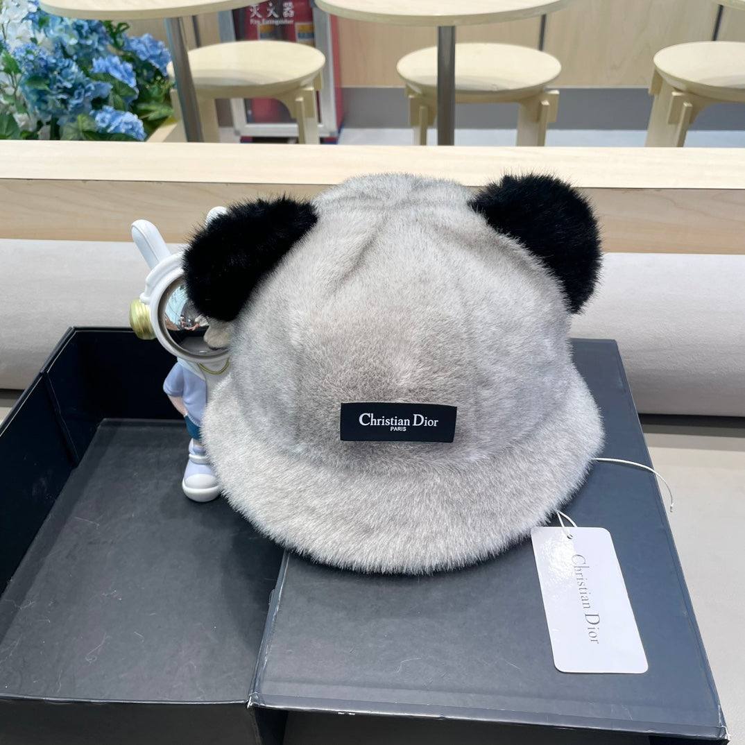BUCKET HAT WITH CUTE BEAR EARS IN RHINO GRAY RABBIT FUR 434967