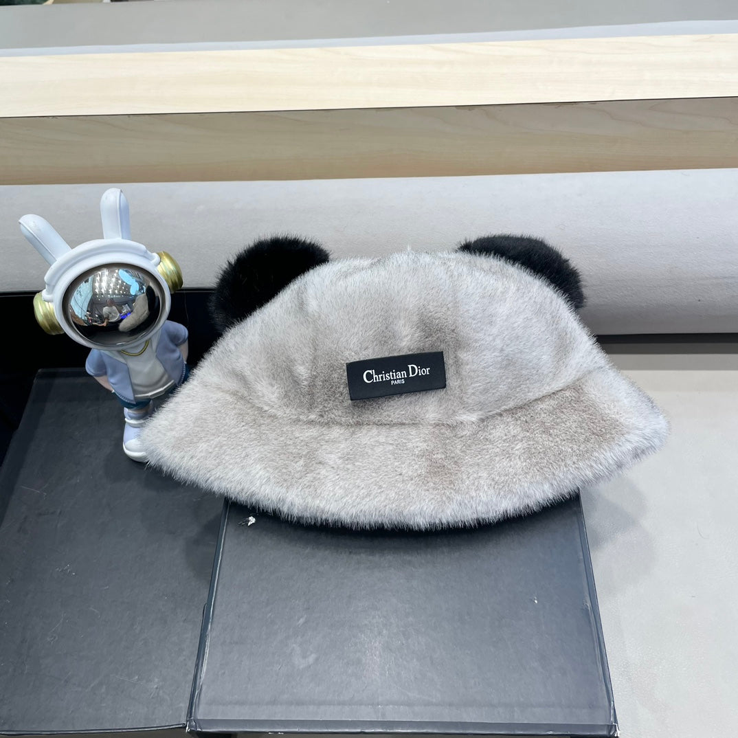 BUCKET HAT WITH CUTE BEAR EARS IN RHINO GRAY RABBIT FUR 434967
