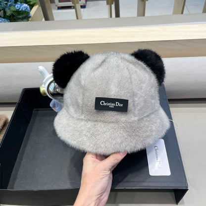 BUCKET HAT WITH CUTE BEAR EARS IN RHINO GRAY RABBIT FUR 434967