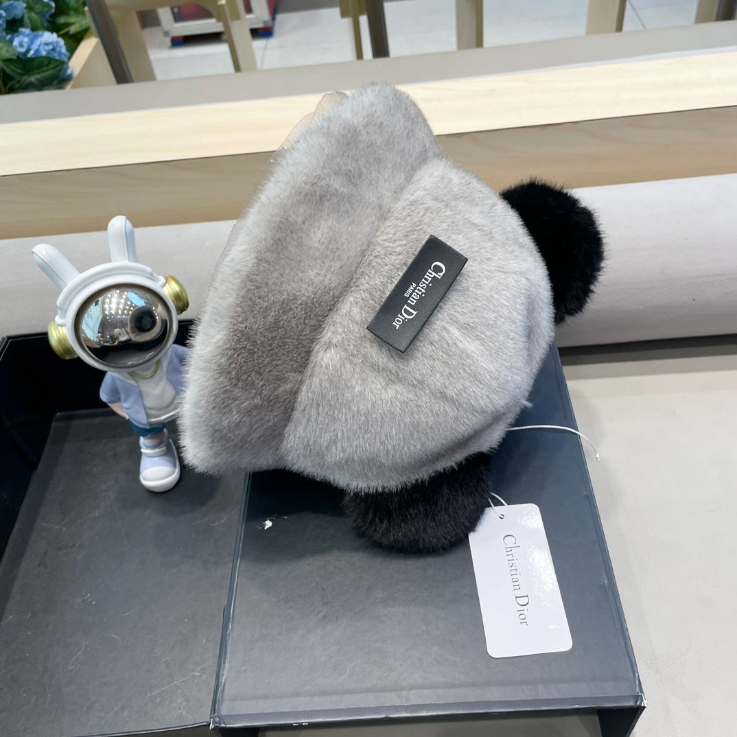 BUCKET HAT WITH CUTE BEAR EARS IN RHINO GRAY RABBIT FUR 434967