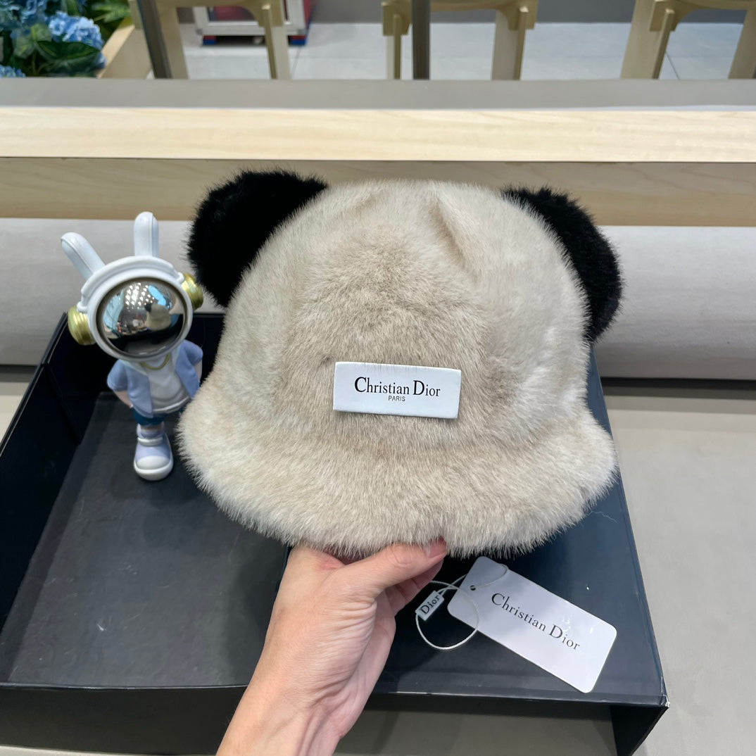 BUCKET HAT WITH CUTE BEAR EARS IN BEIGE RABBIT FUR 434968