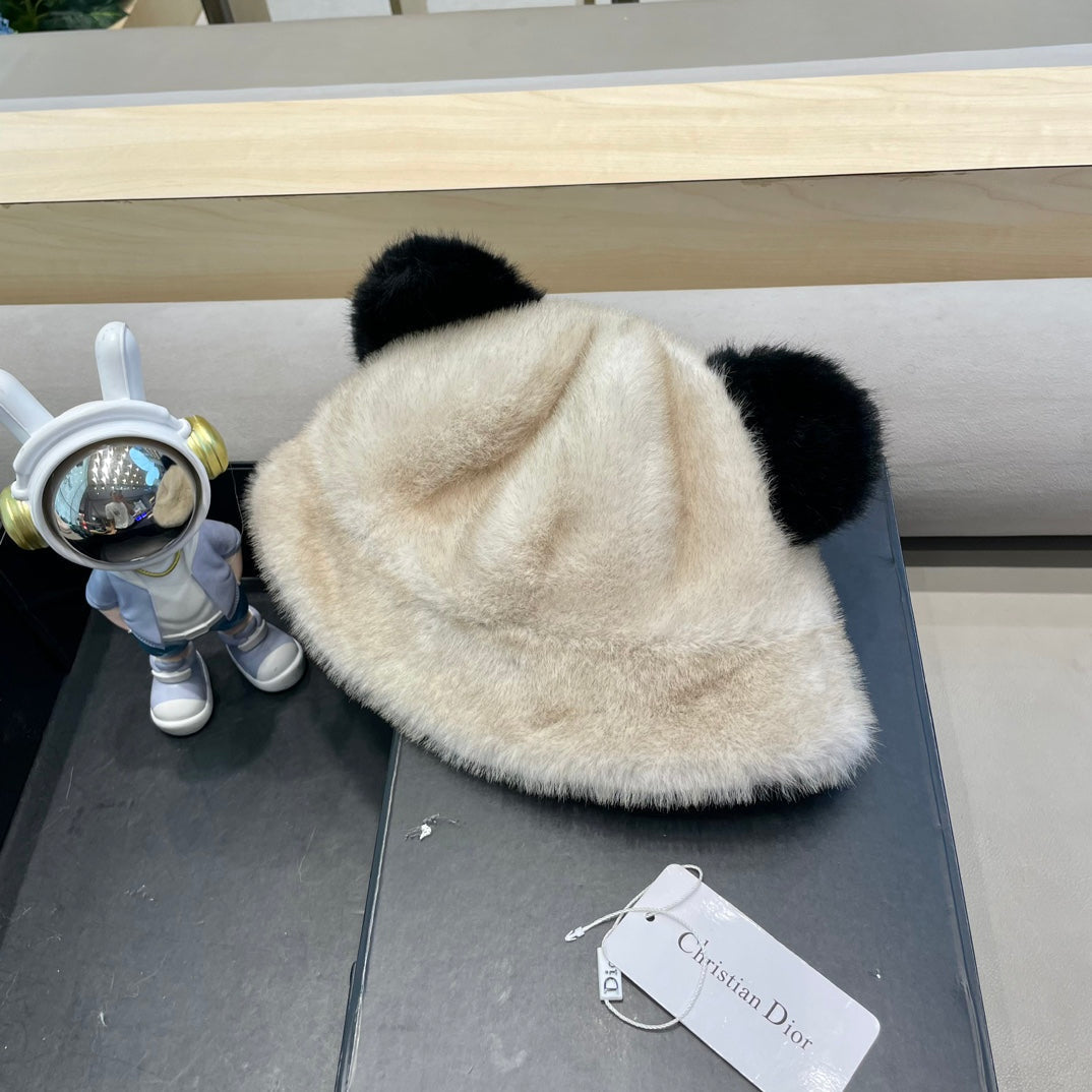 BUCKET HAT WITH CUTE BEAR EARS IN BEIGE RABBIT FUR 434968