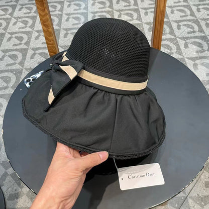 BLACK STRAW BUCKET HAT WITH BOW FABRIC BORDER 439646