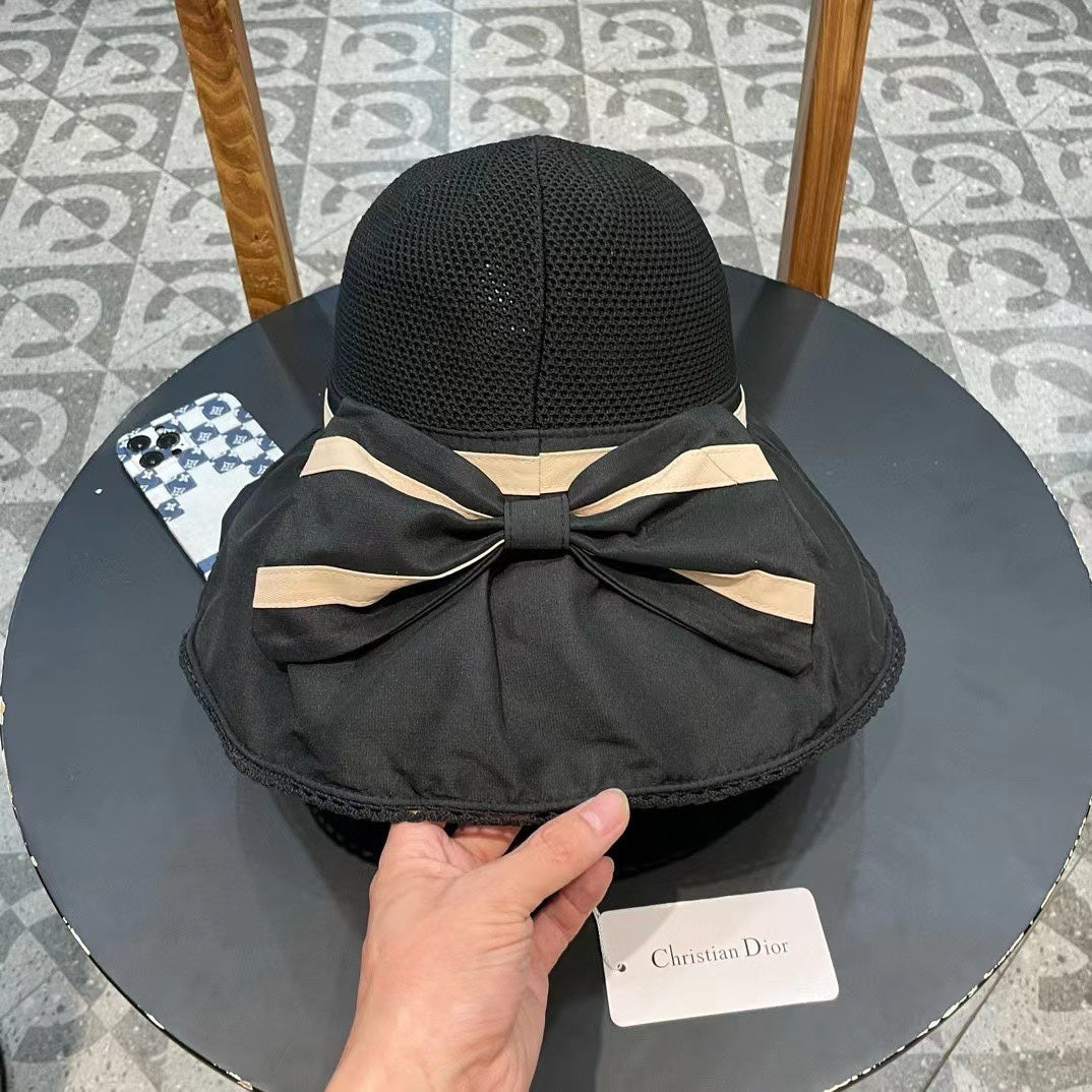 BLACK STRAW BUCKET HAT WITH BOW FABRIC BORDER 439646