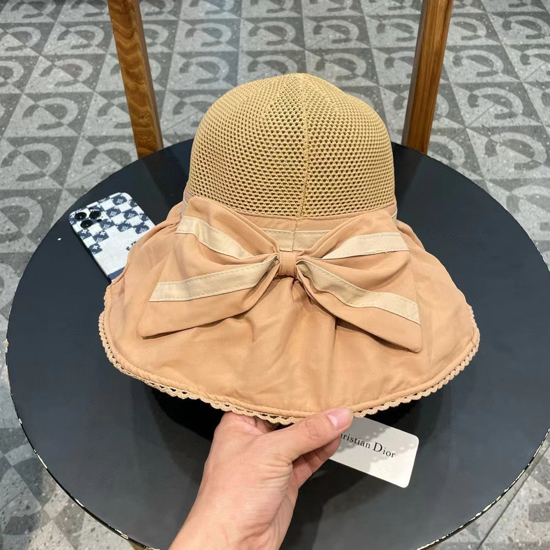 BUFF BEIGE STRAW BUCKET HAT WITH BOW FABRIC BORDER 439648