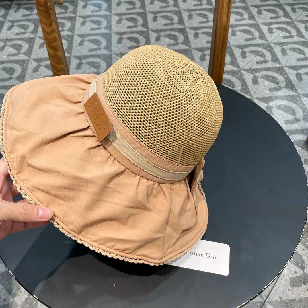 BUFF BEIGE STRAW BUCKET HAT WITH BOW FABRIC BORDER 439648