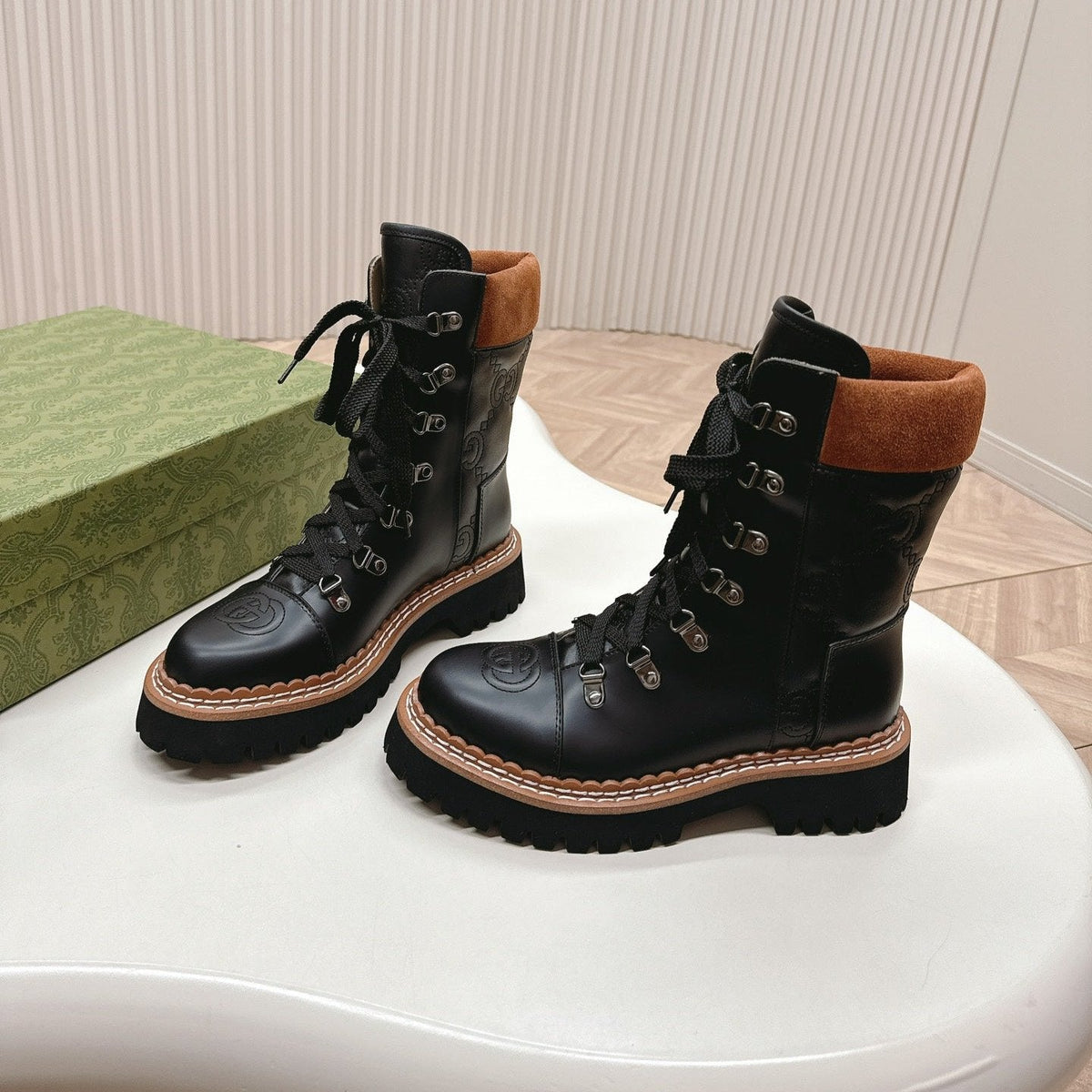 MARTIN LACE-UP ANKLE BOOTS IN BLACK EMBOSSED CALFSKIN MIX BROWN SUEDE