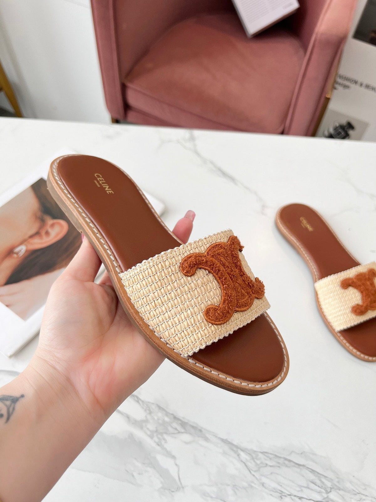 LYMPIA MULE BEIGE RAFFIA AND TAN WOOL