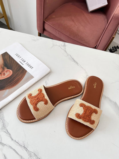 LYMPIA MULE BEIGE RAFFIA AND TAN WOOL